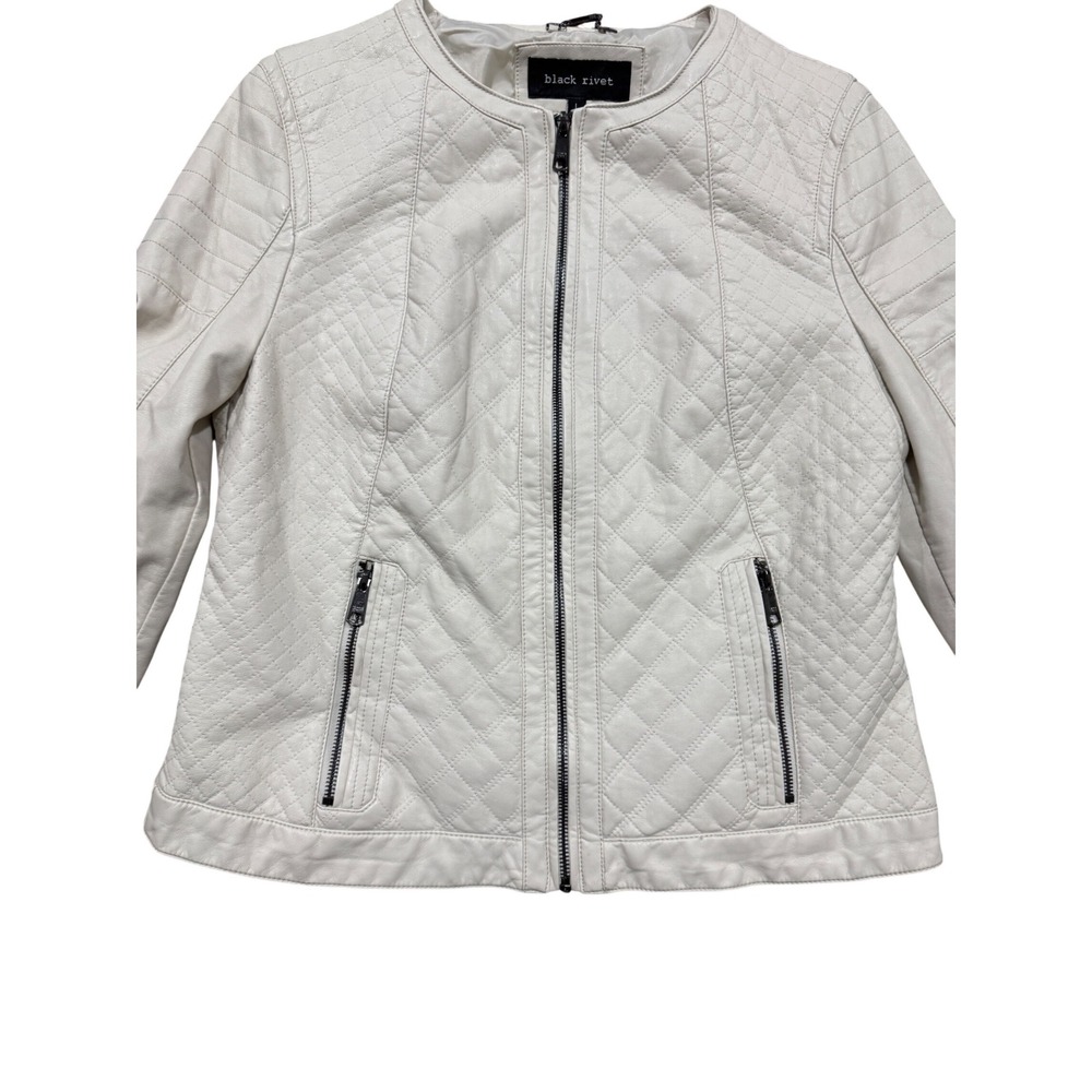 Black Rivet Womens Quilted Faux Leather Moto Jacket Cream Off-White Size L - Picture 2 of 8